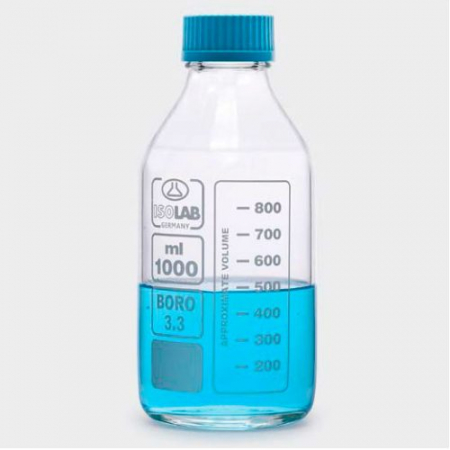 БУТЫЛЬ 1000 МЛ, GL45, С КРЫШКОЙ И СЛИВНЫМ КОЛЬЦОМ, СТЕКЛО, ISOLAB, АРТ. 061.01.901