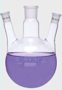 КОЛБА КРУГЛОДОННАЯ - ТРЕХГОРЛАЯ- NS 29/32 - УГЛОВЫЕ ШЛИФЫ NS 14/ 23 - 250 МЛ