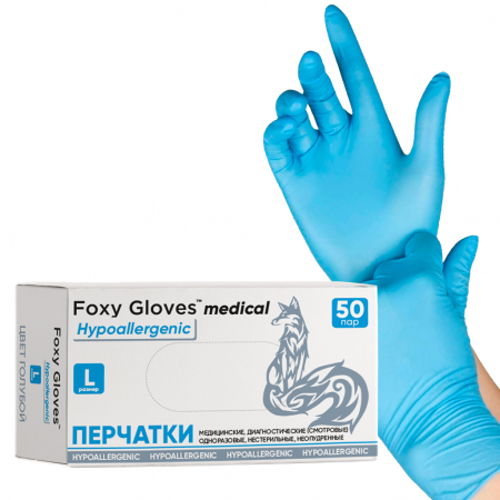 ПЕРЧАТКИ МЕДИЦИНСКИЕ(СМОТРОВЫЕ) НИТРИЛОВЫЕ, НЕОПУДРЕНЫЕ, НЕСТЕРИЛЬНЫЕ, ЦВЕТ: ГОЛУБОЙ, РАЗМЕР S, FOXY-GLOVES (УП. 50 ПАР)